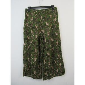 Tahari XL 100% Linen Wide Leg Crop Pants Green Tropical Print Floral Flowy